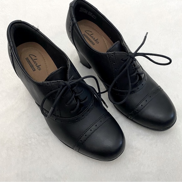 Clarks Shoes - Clarks Collection Womens Marina Oxford Size 6.5M Black Leather Lace Up Heel New